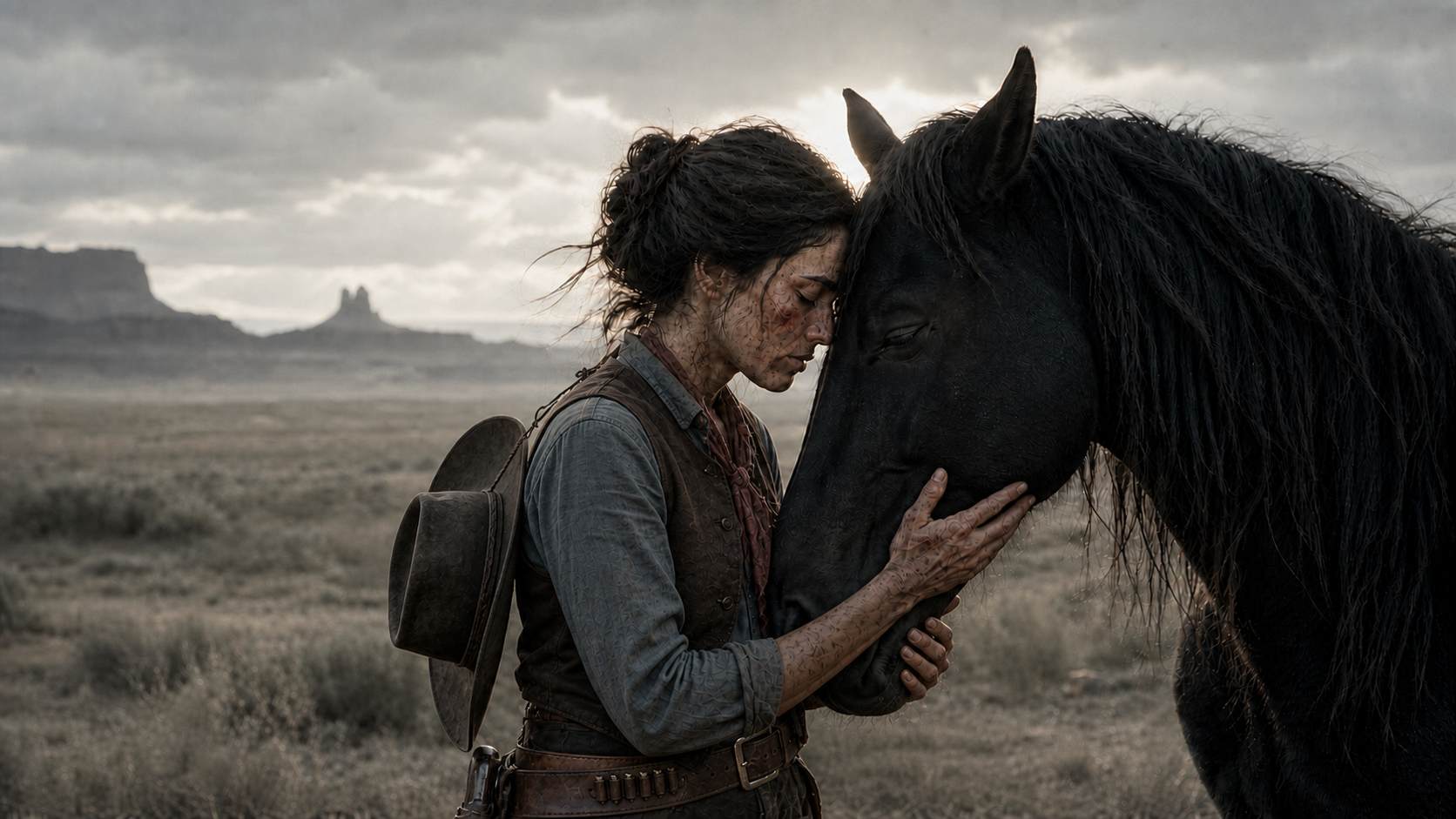 A bloodied frontier cowgirl, her hat hanging down her back, tenderly embraces her black horse.