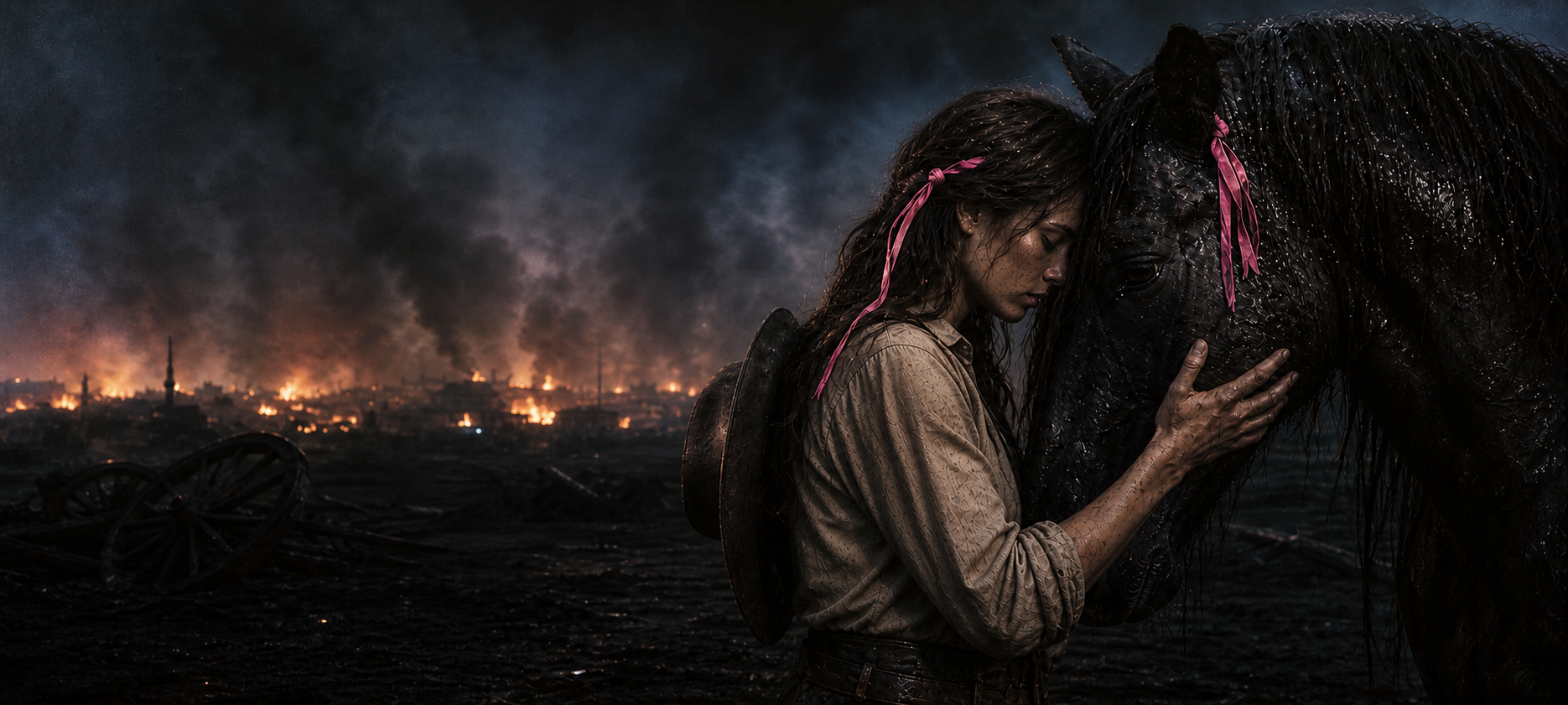 A soot-covered cowgirl with vivid pink ribbons leans against her black horse before a ruined frontier town burning after sunset.