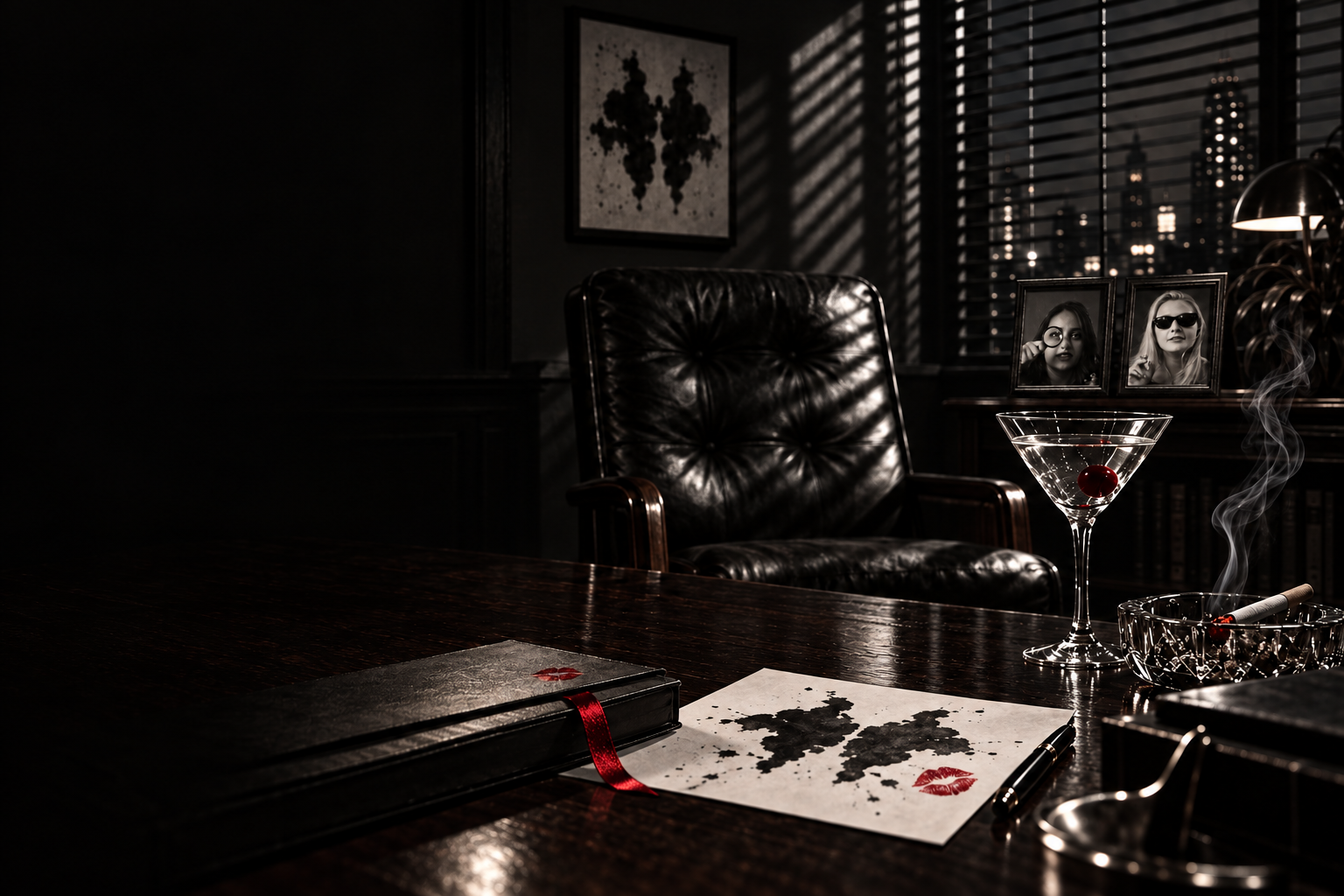 A shadowy therapist’s office with framed photographs of two women, a martini, cigarette smoke, and a Rorschach test